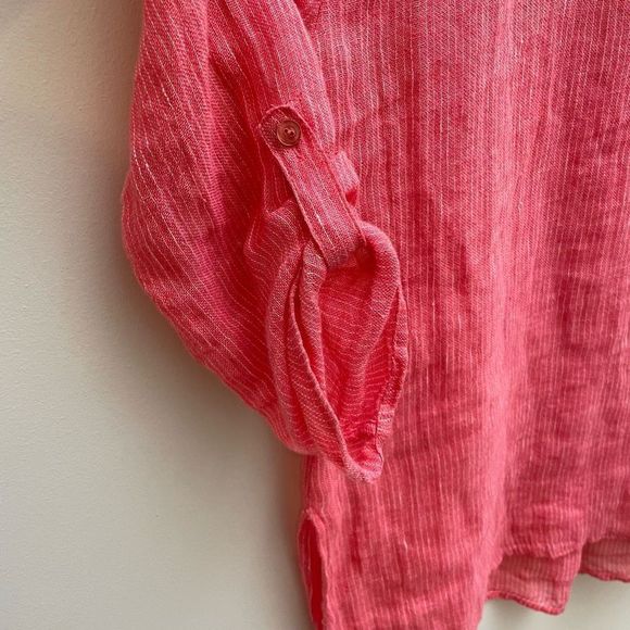 Eileen Fisher Linen Popover Top Womens Size Small Coral Pink Striped - Picture 4 of 12